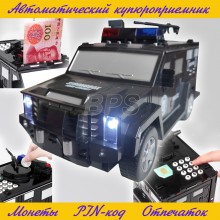 Музыкальный сейф Копилка для детей Полицейская машина Кодовый замок и отпечаток пальца со светом BANK CASH TRUCK POLICE 