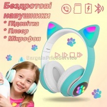 Беспроводные детские светящиеся LED наушники с кошачьими ушками Bluetooth 5.0 складные CAT JST-28 со встроенным микрофоном Mp3 MicroSD и цветной подсветкой Мятные