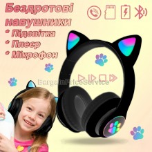 Беспроводные детские светящиеся LED наушники с кошачьими ушками Bluetooth 5.0 складные CAT VIV-23 со встроенным микрофоном Mp3 MicroSD и цветной подсветкой Черные