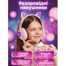 Детские беспроводные светящиеся Bluetooth 5.0 LED наушники с кошачьими ушками Гарнитура встроенный микрофон складные CAT STN-28 Wireless Headset Mp3 плеер MicroSD Цветная подсветка Розовые